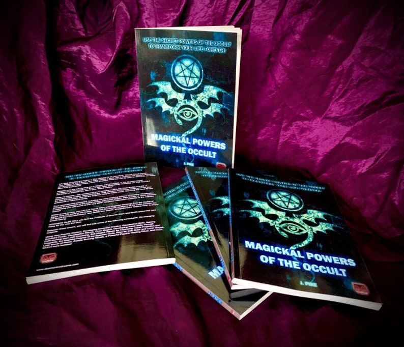 May include: A stack of five black books with a blue and green cover featuring a pentagram, eye, and dragon design. The text on the cover reads "Magickal Powers of the Occult".