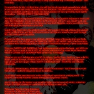 May include: A red and black book cover with the title "Forbidden Magick of the Black Sigils". The cover features a demonic-looking creature with glowing red eyes and a black background. The text "Master Black Occultist and Occult Teacher Carl Nagel is back, with perhaps his STRONGEST Book of Demonic Magick to-date!" is also visible.