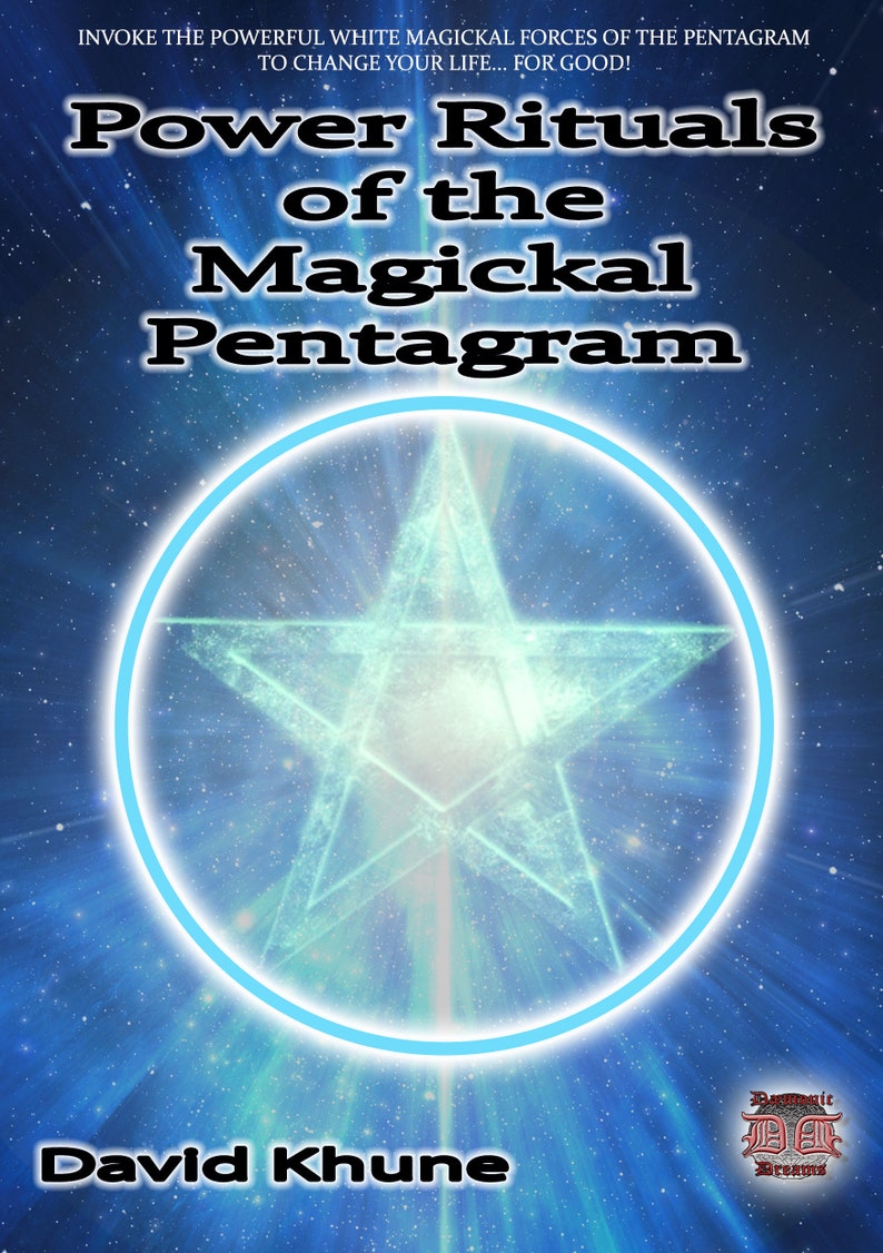 May include: A book cover with a blue background and a white five-pointed star in a circle. The title is "Power Rituals of the Magickal Pentagram" and the author is "David Khune".