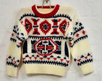 Wool knitted Sweater Children  White Red Knit - Knit Children's Cardigan