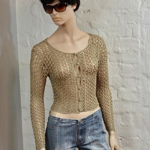 Vintage Crocheted Cardigan, Handmade, Women golden beige cardigan,  Knitwear 1990s  Size S