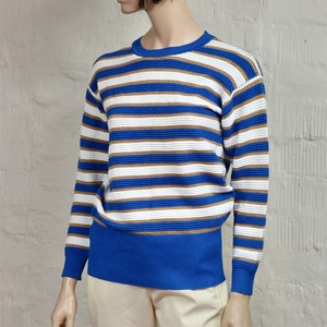 Vintage men women&#39;s sweater 80&#39;s By MONTON knitted Blue, White, Brown striped knitted sweater Size M