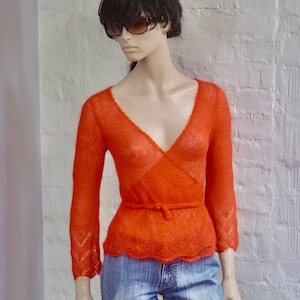 MOHAIR cardigan Women&#39;s jacket Hand knitted Orange Mohair Cardigan 100% Handmade Size S/M