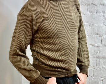 Vintage 80s Alpenland Alpaca Wool Blend Herringbone Sweater, Brown Chevron Knit Men’s Size Medium