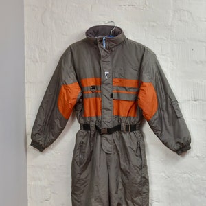 Vintage teenager Ski Suit 80s 90s One Piece Jumpsuit Grey/ Orange Retro Snowsuit Hipster Winter Wear Patterned Ski Suit Size 14 Ans
