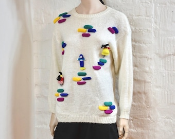 Vintage 3D-pop gebreide lelijke trui witte festivaltrui Nadine 80s 90s maat M/L