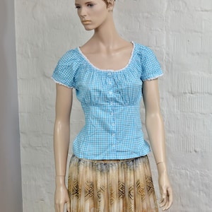 Ruffle Dirndl Blouse Gingham Plaid Blouse Blue/ White Women Summer Top Short Puff Sleeve Button up Blouse Trachten Folk Blouse Size S-M