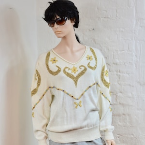 1980s  beige with gold embroidery Sweater  Padded Novelty Sweater Women Vintage Sweater Size L
