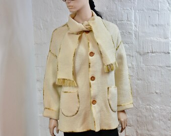 Vintage jacket, woven fabric beige blazer with scarf collar, Wearable on both sides ,Handmade Size L