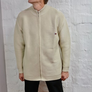 80&#39;s 90&#39;s Cardigan Sweater By Tommy Hilfiger Cardigan Sweater,Beige New Wool blended knitted Sweater, Mens Cardigan Sweater Size XXL