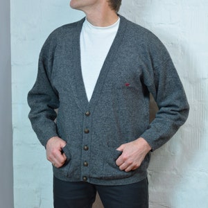 Vintage Lambswool Grandpa Cardigan Sweater - Grey Wool Knit, Size XL