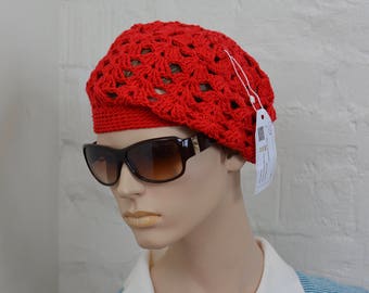 Chapeau rouge au crochet fait main, béret en coton, chapeau d’hiver, béret d’hiver, béret tricoté.