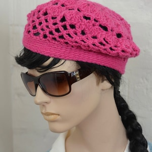 Handmade crochet Merino wool beret, Fuksia winter hat, winter beret, knitted beret.