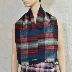 Vintage Plaid Wool Scarf: Navy, Black, and Red, Hand Woven in Germany