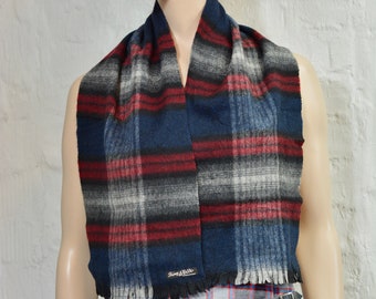 Vintage Very soft Navy/  Black/ Red Plaid Pure New Wool scarf Hand Woven Wool Scarf Made in Germany