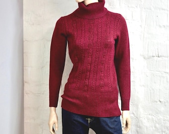 Sweter z golfem w kolorze czerwonego wina w stylu vintage, z mieszanki bawełny i wełny, o splocie warkoczowym, rozmiar S M