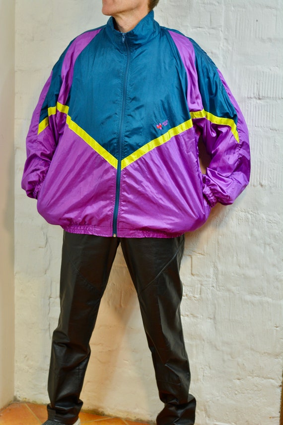 Vintage Sports Jacket by V VICTORY Team Purple/ Green/ Mustard Colour Block  Hipster Jacket Windbreaker Sportswear XL Size 