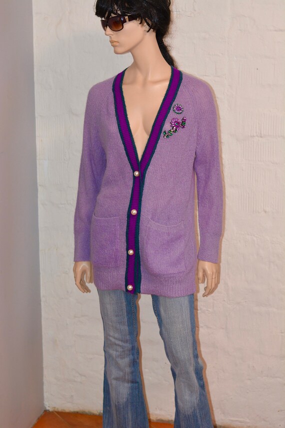 MOHAIR cardigan jacket 80s Embroidered pearl broo… - image 2