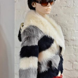 Vintage Lambskin Fur Jacket: Color Block Genuine Leather Coat, Size Medium
