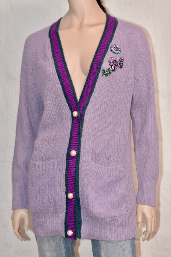 MOHAIR cardigan jacket 80s Embroidered pearl broo… - image 3