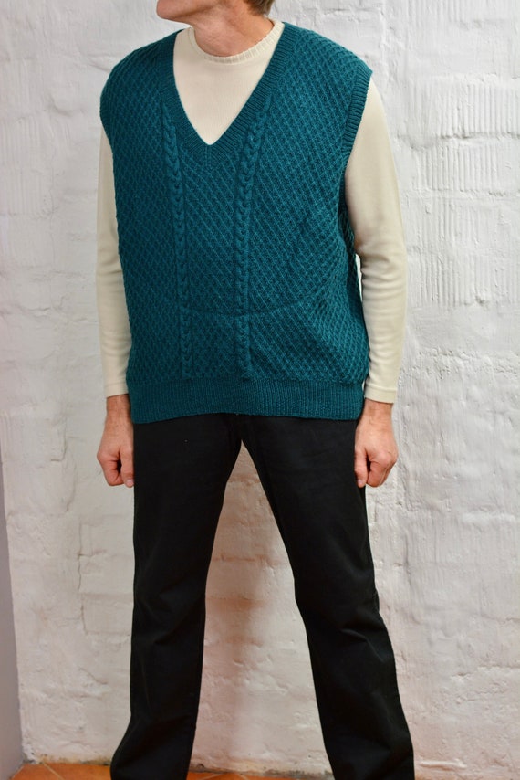 Vintage Mens Vest, Green cable Knitted Vest, Sleev