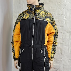 Vintage 90s Ski Suit By SHAMP Women men&#39;s Activewear black/ Yellow One Piece Ski Suit Jumpsuit Hipster Winter Wear, Size Small
