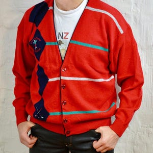 Cardigan Sweater By CLAIN ROYALGrandpa Cardigan Sweater, Red Patterned Wool Sweater, Mens  Cardigan Sweater Size M/L