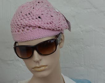 Bonnet rose au crochet fait main, béret en coton, bonnet d'hiver, béret d'hiver, béret tricoté.
