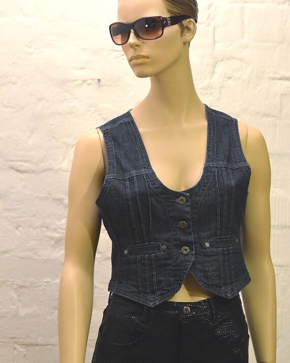 Vintage 80s Blue Denim Vest, ESSENTIALS Fitted Sleeveless Jacket, M/L
