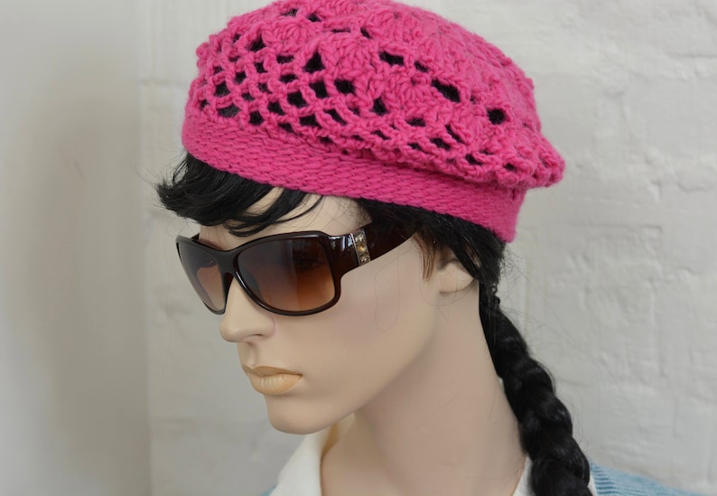 knitted beret. winter beret Handmade crochet Merino wool beret Fuksia winter hat