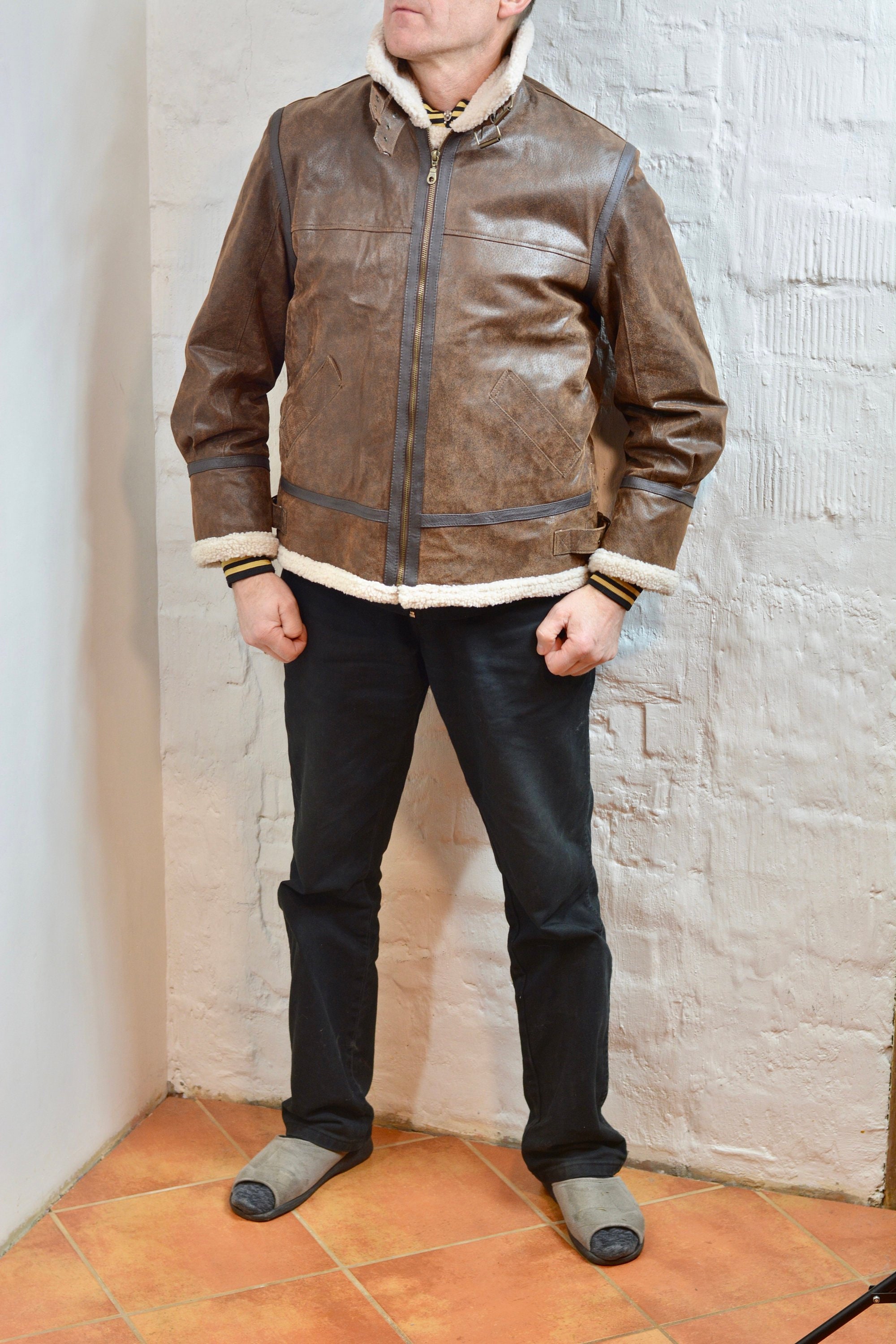 DRESSX Brown Leather Jacket with T-shirt