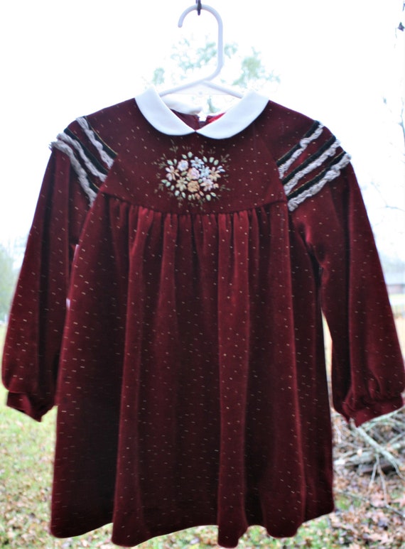 Vintage Toddler Dress * Red Velvet with Embroidere