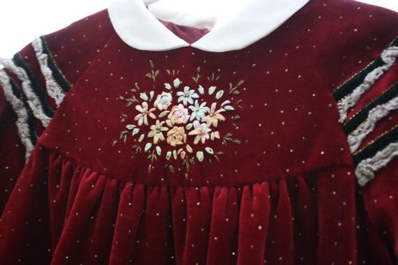 Vintage Toddler Dress * Red Velvet with Embroider… - image 2