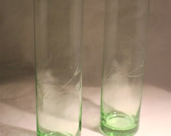 Green Transparent Glass Vase * Etched Flowers