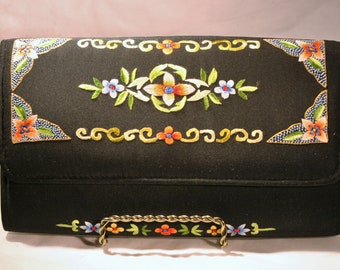 Black Clutch with Embroidered Flowers