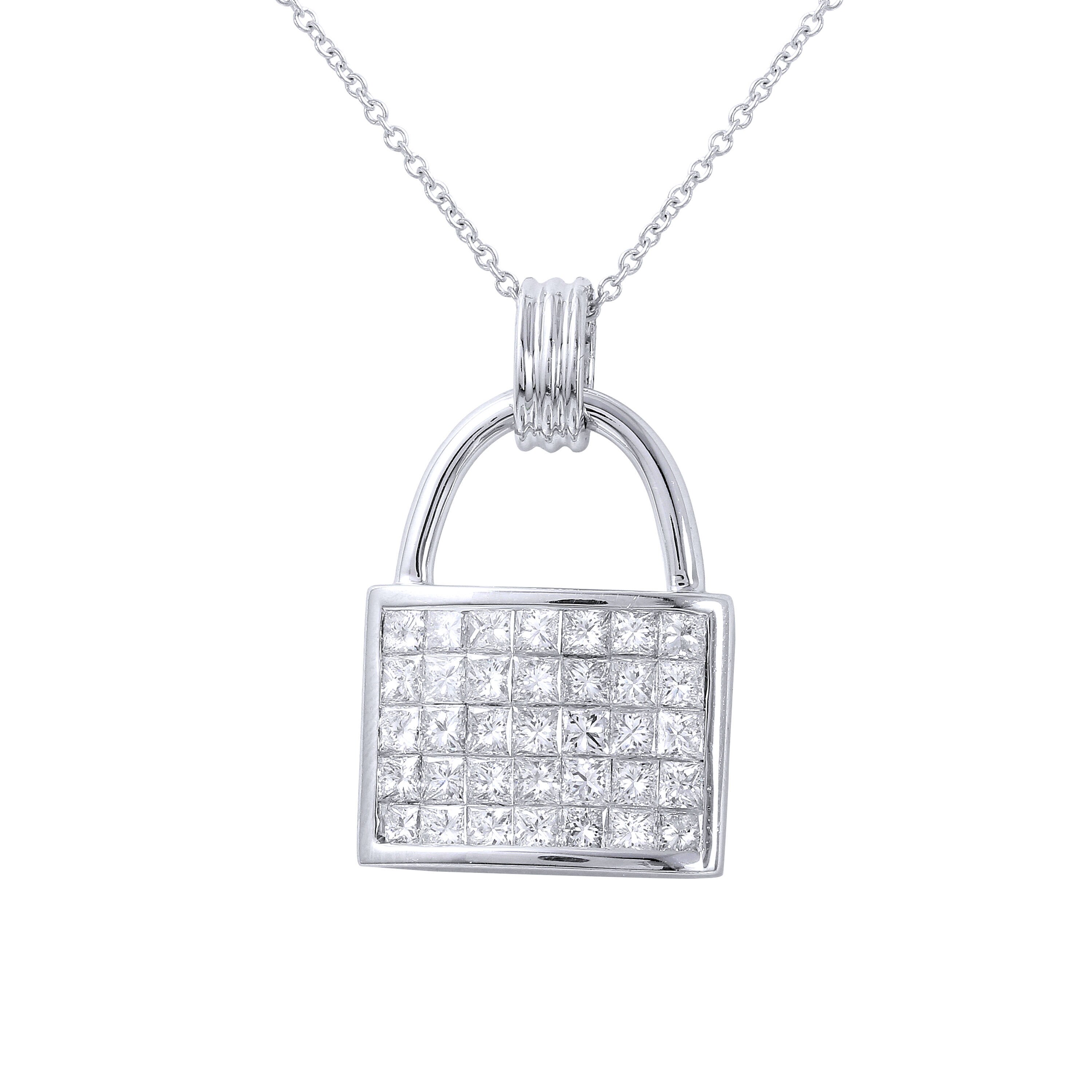 14K White Gold Princess Cut Diamond Padlock Pendant