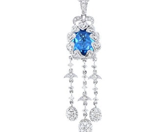 18k White Gold Diamond and Blue Topaz Pendant with 14k White Gold Chain | 233448