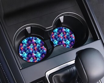 Colorful Ghost Halloween Car Coasters – Set of 2 | Neon Spooky Car Accessories