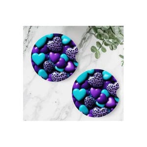 Purple Hearts Car Coasters - Absorbent Cup Holder Inserts - Set of 2