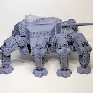 May include: A gray, 3D printed, six-legged, tank-like model with a turret and a long cannon.