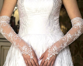 Brauthandschuhe Hochzeit  Handschuhe Spitze Perlen Glasperlen weiß  ivory
