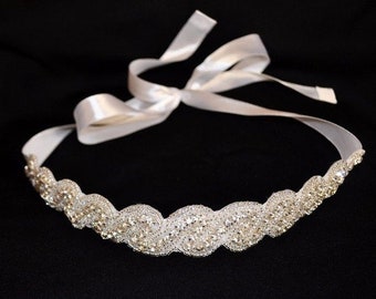 Brautgürtel Gürtel Hochzeit Brautkleid Silber  Strass Glasperlen weiß, ivory