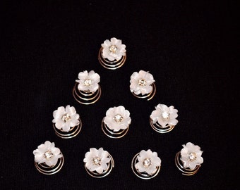 10  Curlies Haarnadeln  Haarschmuck  Strass  Braut  Kommunion  Blumen Strass  weiß, ivory