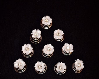 10 Curlies hairpins hair ornaments rhinestones bridal communion flowers rhinestones white, ivory