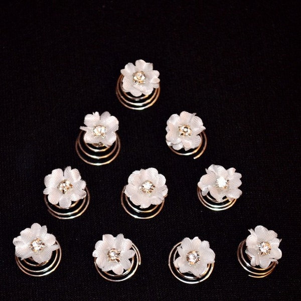 10  Curlies Haarnadeln  Haarschmuck  Strass  Braut Kommunion Blumen Strass  weiß, ivory