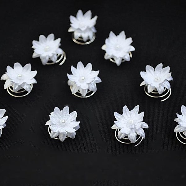 10 Curlies Haarschmuck Haarnadeln Braut  Satin  Blumen Perlen weiß, ivory