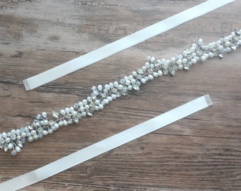 Bridal Belt Belt Wedding Bride Wedding Dress Silver Rhinestone Pearls White Ivory