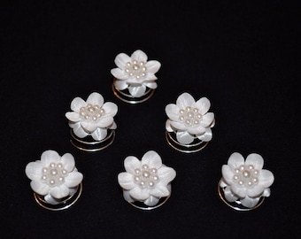 6 Curlies Haarschmuck Haarnadeln Braut Kommunion Blumen Perlen weiß, ivory