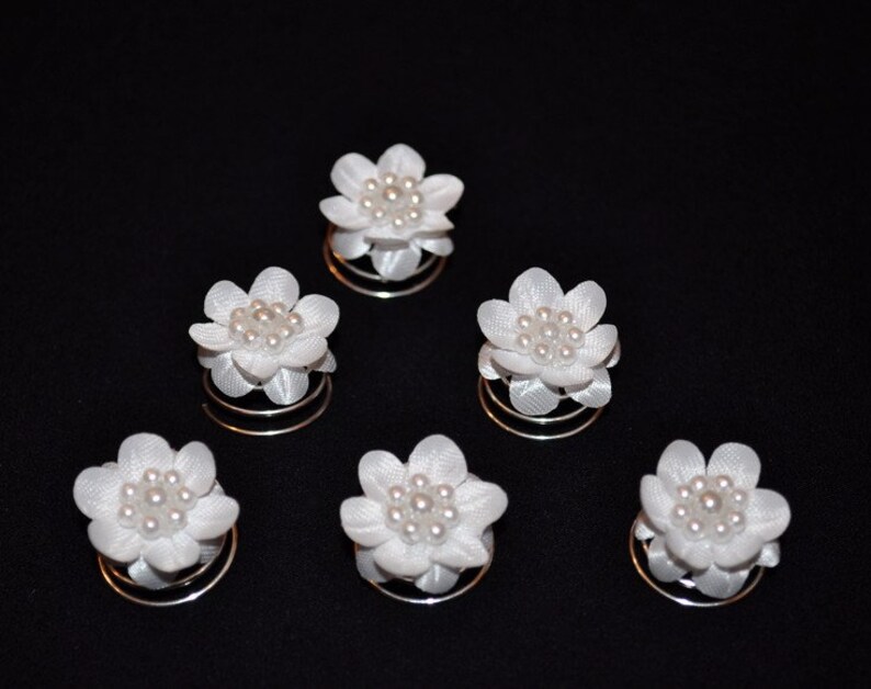 6 Curlies Haarschmuck Haarnadeln Braut Kommunion Blumen Perlen weiß, ivory Bild 1
