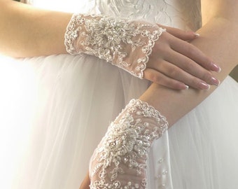 Bridal Gloves Wedding Gloves Lace Pearls Glass Beads White Ivory